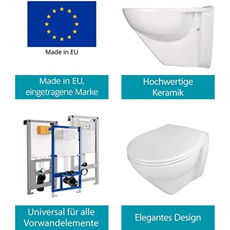 Calmwaters® Erhöhtes Wand-WC spülrandlos Modern Plus mit Toilettendeckel, 6 cm Erhöhung, inklusive abnehmbarem WC-Sitz mit Absenkautomatik und Schnellbefestigung, Tiefspüler, Weiß, 08AB5815 – Bild 4