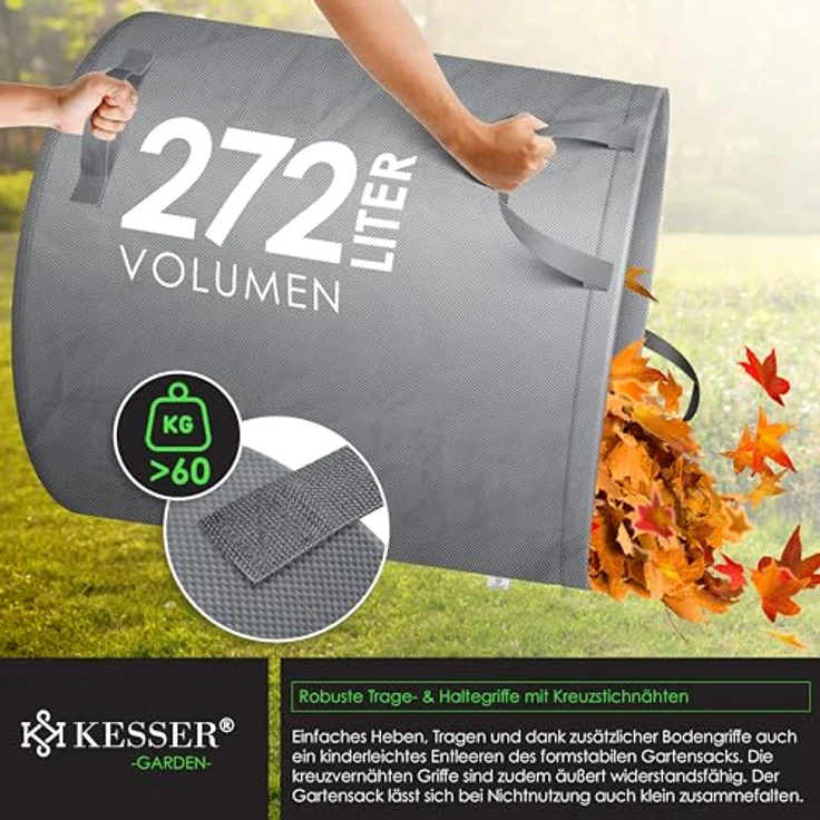 KESSER® Gartensack 3x 272L Set Laubsack Gartenabfallsack inkl. Handschuhe - Selbststehend 4 Griffe Stabil Robust & Faltbar - Laubsäcke Rasenschnitt Gartensäcke für Gartenabfälle Grünschnitt Grau – Bild 5