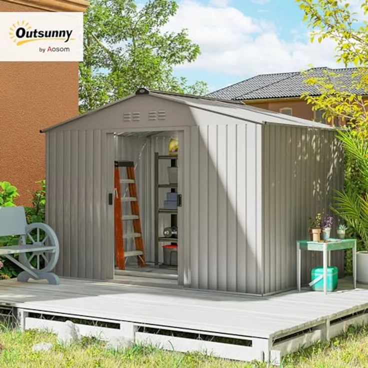 Outsunny Metall Gerätehaus 4,9 m², Gartenhaus mit Satteldach, 2 Schiebetüren, wetterfest, grau, 277 x 195 x 192 cm – Bild 2