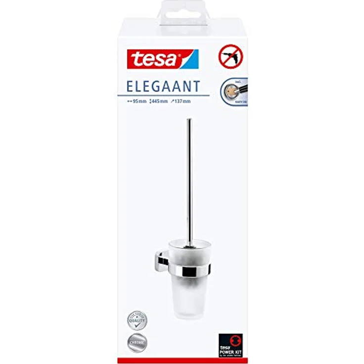 tesa ELEGAANT Toilettenbürsten-Set, verchromt, mit satiniertem Glas - zur Wandbefestigung ohne Bohren, inkl. leistungsstarker Klebelösung - 137 mm x 95 mm x 397 mm – Bild 3
