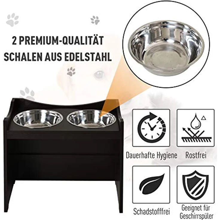 PawHut Höhenverstellbarer Hunde Fressnapf, Futterstation, Edelstahlnapf, Katzenapf, MDF, Edelstahl, Dunkelbraun, 54 x 31,5 x 47 – Bild 4