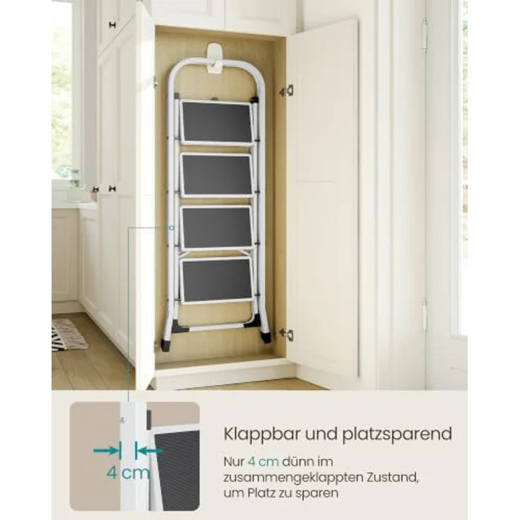 SONGMICS GSL004WZ01 Trittleiter, Klapptritt mit 4 Stufen, bis 150 kg belastbar, weiß, rutschfeste Trittflächen, Klappsicherung – Bild 4