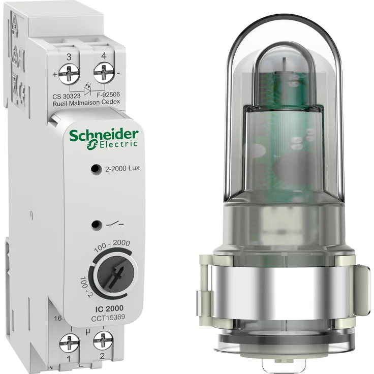 Schneider Electric SE CCT15369 Dämmerungsschalter IC2000, Zeitschaltuhr mit einstellbarem Schwellenwert von 2-2000 Lux, Verzögerungsfunktionen und IP 55 Schutzklasse