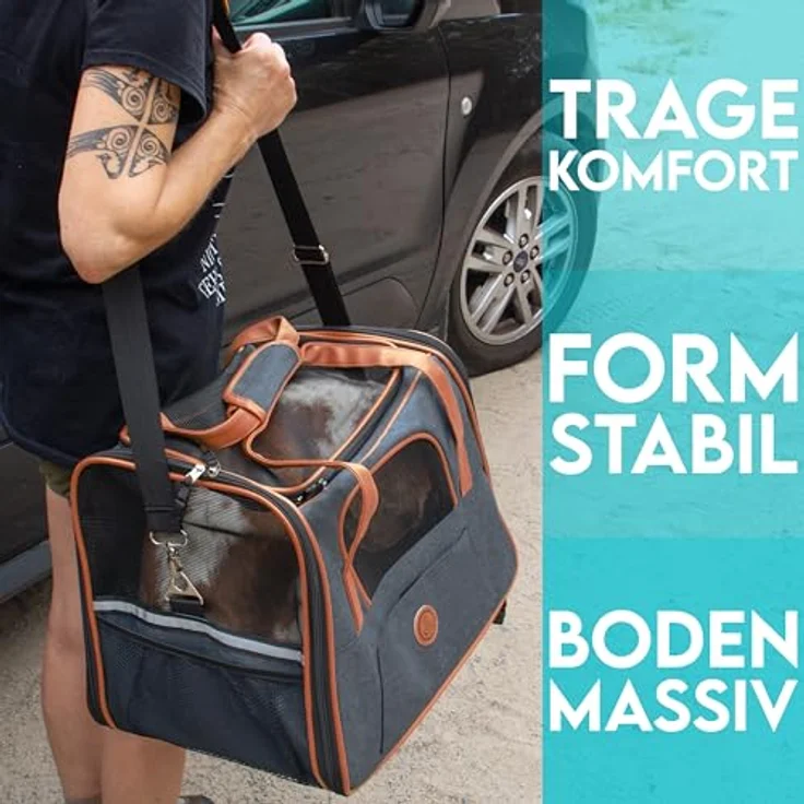 HUND IST KÖNIG Hundetasche & Katzentasche bis 8kg - Denim-Farben mit Lederimitat - Faltbare mobile Tragebox für Hunde & Katzen bis 8kg – Bild 4