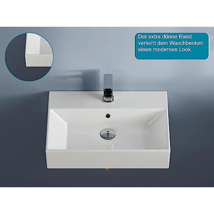 Aqua Bagno | Eckiges Design Handwaschbecken, hochwertige Keramik, modern & stilvoll durch dünnen Rand | 600 x 420 mm – Bild 3