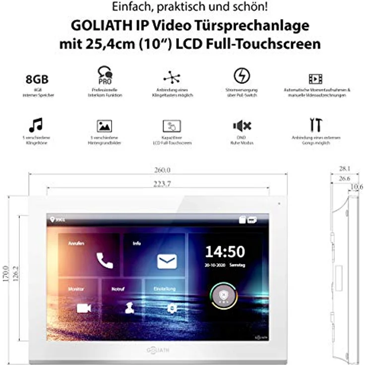 Goliath Intercom GL-IPH300A IP Video-Türsprechanlage, 10-Zoll Monitor, HD-Kamera, anthrazit, für 3 Familienhäuser, Smartphone-App, Sicherheitsfunktionen – Bild 3