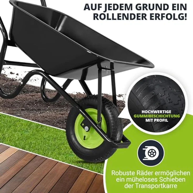 Juskys Schubkarre Garden, 100L, bis 210 kg, Luftreifen, verzinkte Wanne, inkl. Handschuhe, Schwarz/Grün – Bild 5