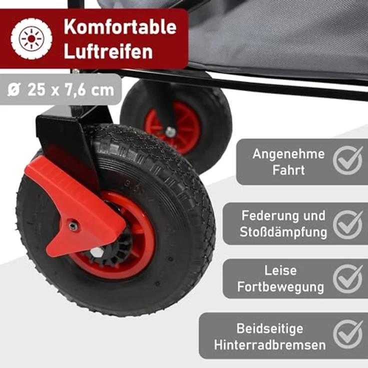 Lemodo Bollerwagen mit Luftreifen, faltbar, 120 kg Tragkraft, Dach, abnehmbarer grauer Bezug, ideal für Camping & Strand – Bild 2