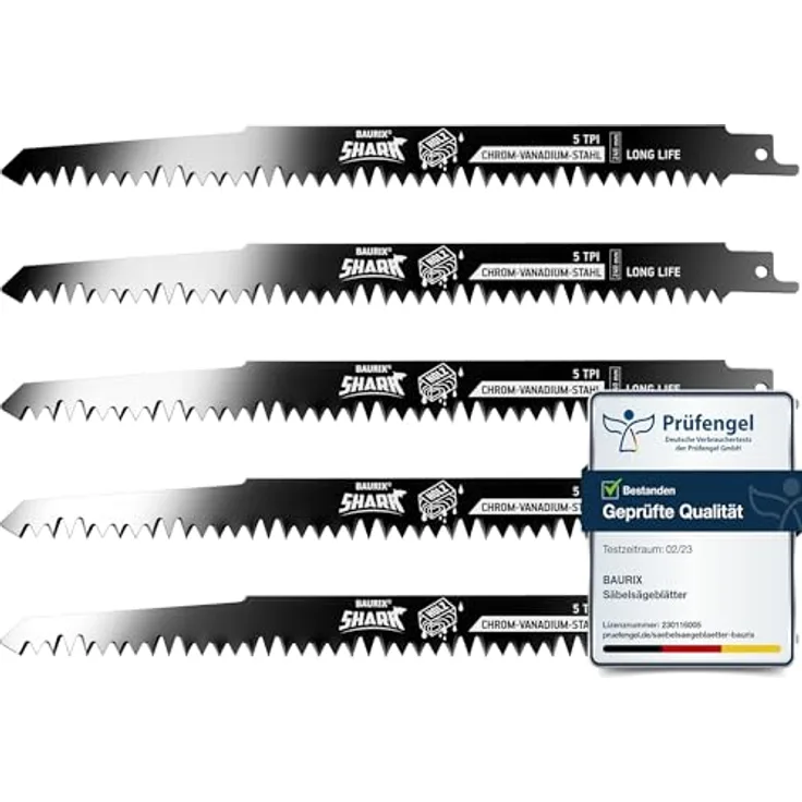BAURIX® [LONG LIFE] Säbelsägeblätter, 5 Stück, 240 mm, 5 TPI, für Grobholz, Nassholz und lebendes Holz, extrem robust und langlebig