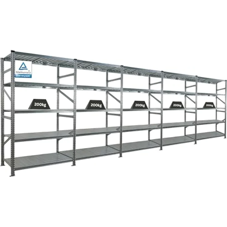 Proregal PROXIMO Metallregal 1x Grundregal + 4x Anbauregal, verzinkter Stahl, H 200 x B 600 x T 60 cm, Traglast 200 kg pro Boden, 5 Fachböden – Bild 1