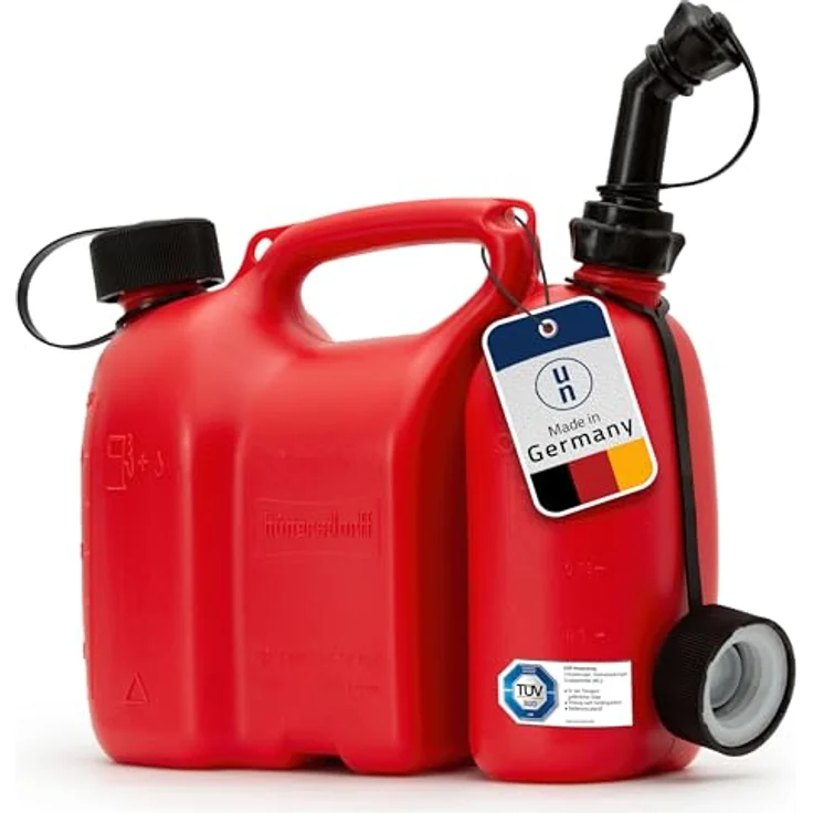 hünersdorff PROFI Doppelkanister - Kombikanister für Kraftstoff und Öl mit Kindersicherung und Auslaufrohr, 3 + 1,5 Liter, rot, UN-Zulassung, Made in Germany – Bild 2
