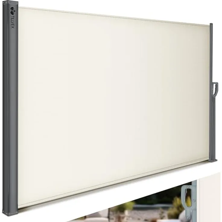 tillvex® Seitenmarkise 160 x 300 cm ausziehbar & Blickdicht | Sichtschutz für Balkon, Garten & Terrasse | Seitenrollo mit Wandhalterung | Sonnenschutz aus rostfreiem Stahl | Markise Windschutz