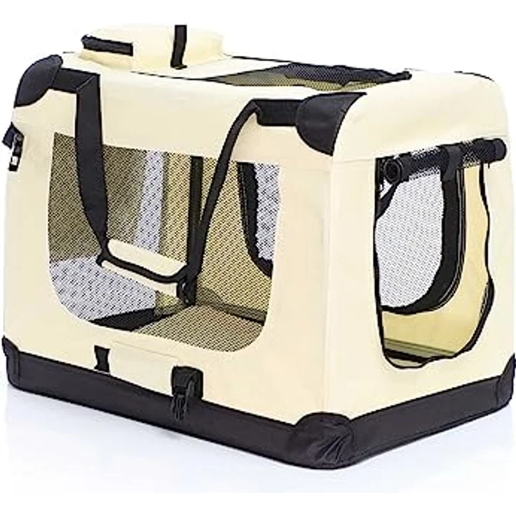 Fudajo Faltbare Transportbox für Hunde, Katzen M (60x42x44cm), robust, leicht, sicher, mit Tragegriff und Decke, Beige – Bild 1