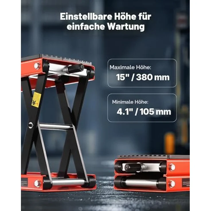 VEVOR Motorradheber, höhenverstellbare Motorradhebebühne 105-380 mm, 544 kg Tragkraft, breite Plattform mit rutschfester Deckfläche und integrierter Vorderradklemme – Bild 5