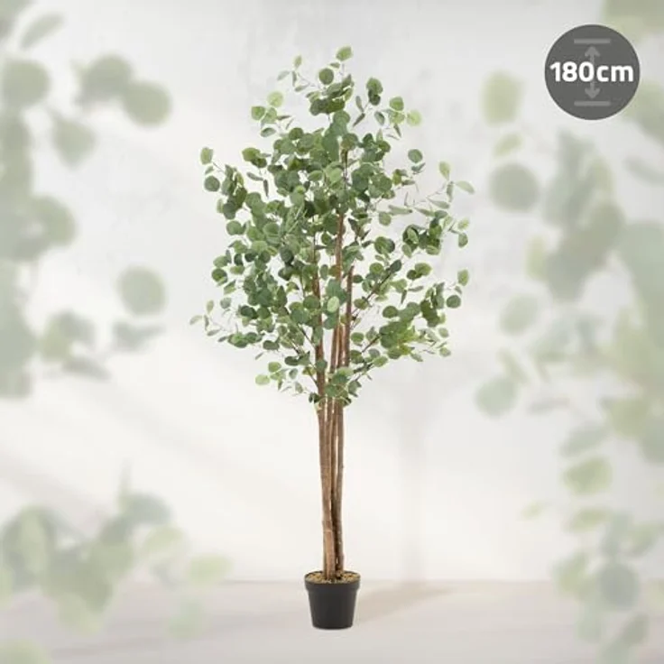 ML DESIGN Künstliche Eukalyptus 180 cm, Kunstpflanze mit Naturholzstamm und schwarzem Topf, Deko für Innen- und Außenbereich – Bild 2