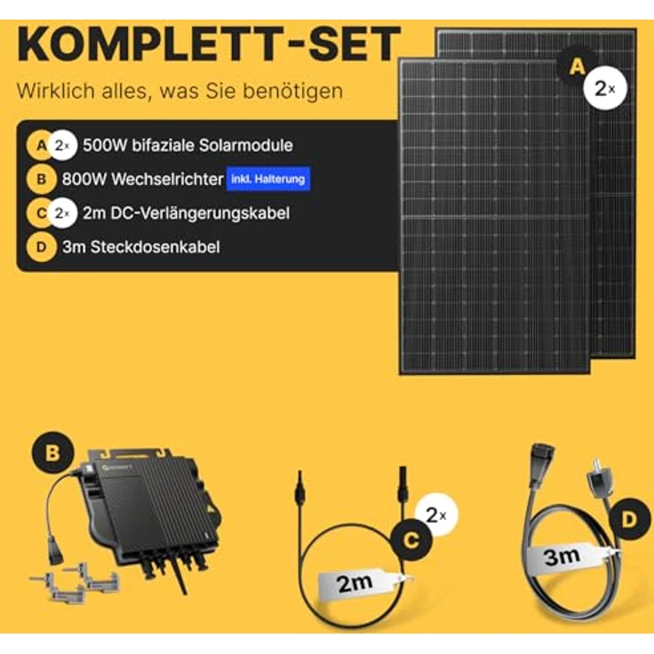 Solakon® 1000W Balkonkraftwerk, komplettes Solaranlage Komplettset mit 800W Wechselrichter und 500W bifazialen Solarmodulen, inkl. 3m Kabel und WLAN-Funktion – Bild 4
