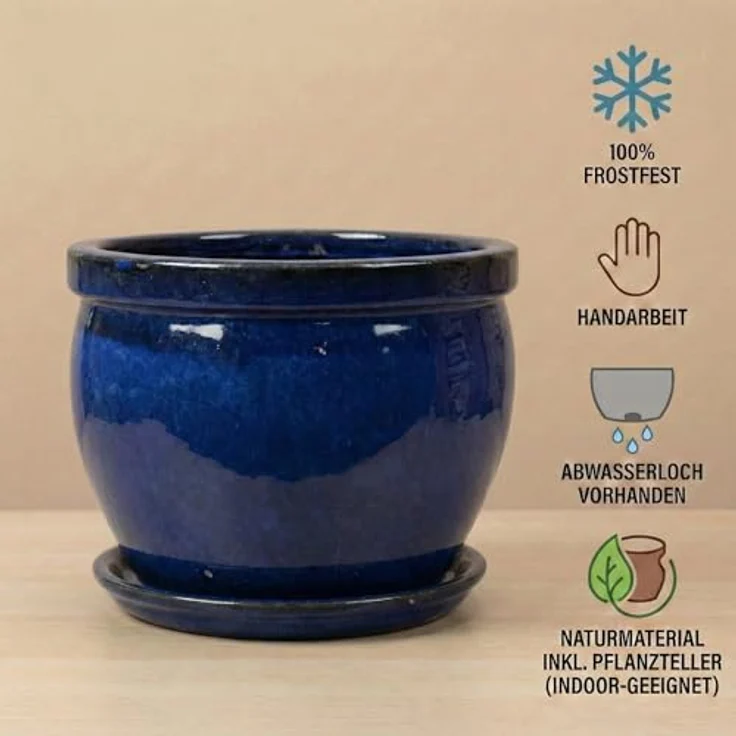 Teramico Blumenkübel Keramik Ø 21cm, frostfester Pflanztopf mit Untersetzer aus handgefertigtem Steinzeug, glasiert in Royal Blau für Innen & Außen – Bild 5