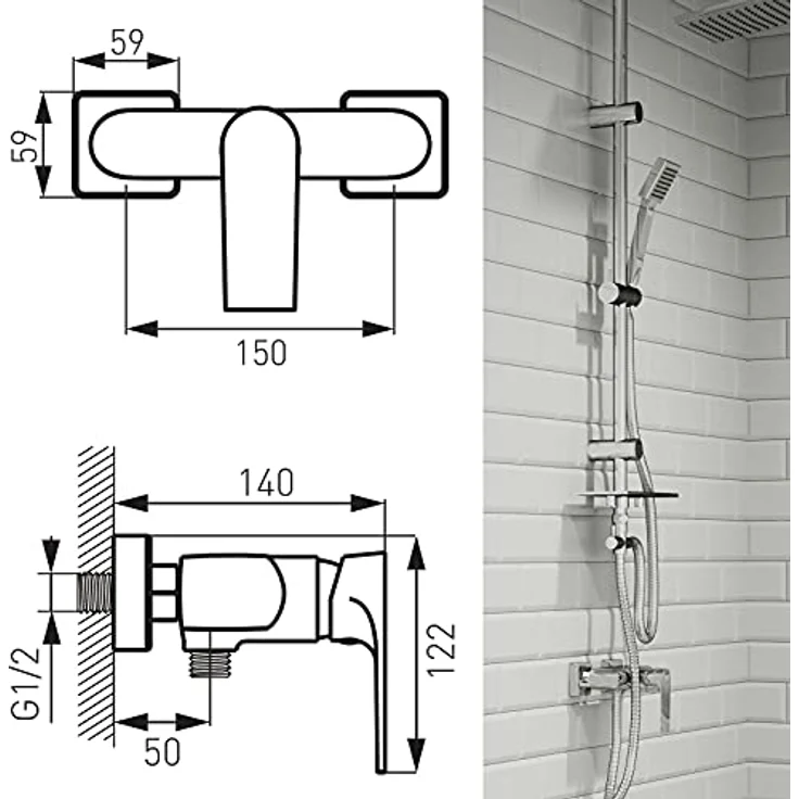 FERRO ALGEO SQUARE Wand-Brause-Mischbatterie, verchromt, Hochwertige Verarbeitung, Keramikkartusche, G 1/2 – Bild 2