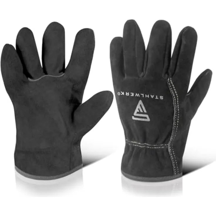 STAHLWERK Schweißerhandschuhe, hitzebeständige Arbeitshandschuhe aus Rindspaltleder, feuerbeständig, Größe XL, schwarz