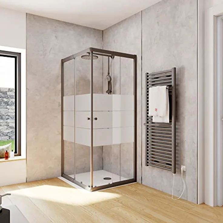 Schulte Duschkabine Corner, Eckeinstieg mit Schiebetüren, 4mm ESG Sicherheitsglas, Höhe: 180 cm, 90 x 75 cm, Mattschwarz, Dekor Depoli light – Bild 1