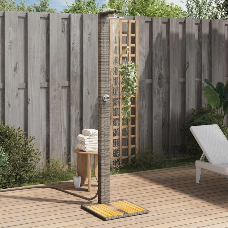 vidaXL Gartendusche aus Poly Rattan, Grau, mit stabilem Stahlrahmen und höhenverstellbarer Brause – Bild 1