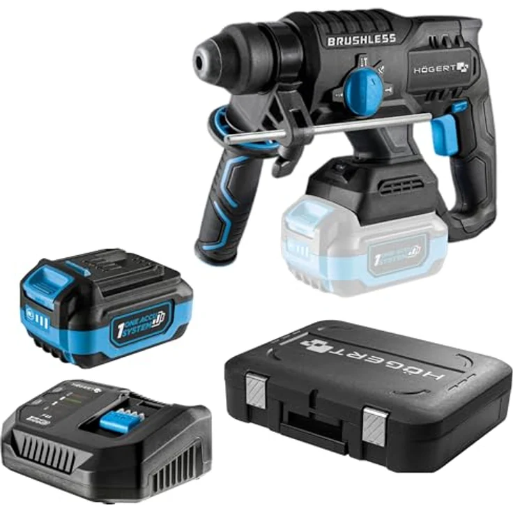HÖGERT TECHNIK Bürstenloser Akku-Bohrhammer Set 18V, 2,0 J Schlagenergie, Meißelfunktion, 4,0 Ah Akku, 4A Ladegerät, Metallgetriebe, LED, für Beton & Metall – Bild 1