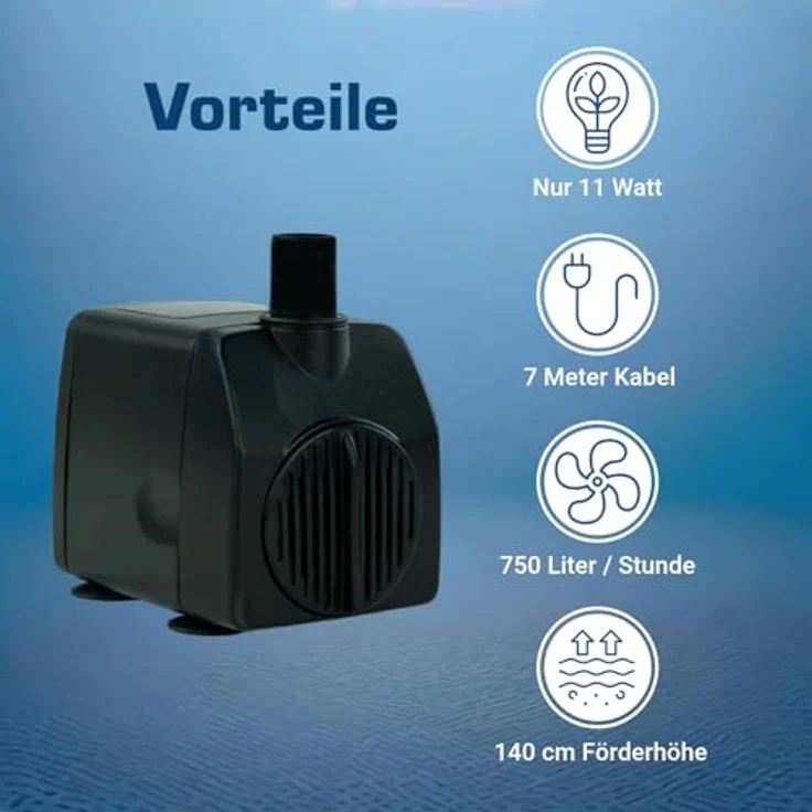 KERRY Wasserspiel-Pumpe 12 V – 750 L/H | nur 10 Watt | 7m Kabel | 140 cm Förderhöhe | Teichpumpe | Wasserpumpe | Springbrunnen-Pumpe | KEP750L, Schwarz – Bild 3
