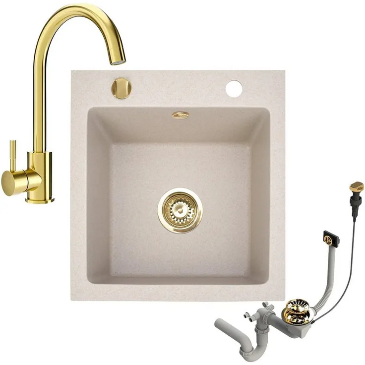 Faizee Möbel Granitspüle 48x50 +Armatur Gold, Eckig, Beige, Reversibel, langlebig