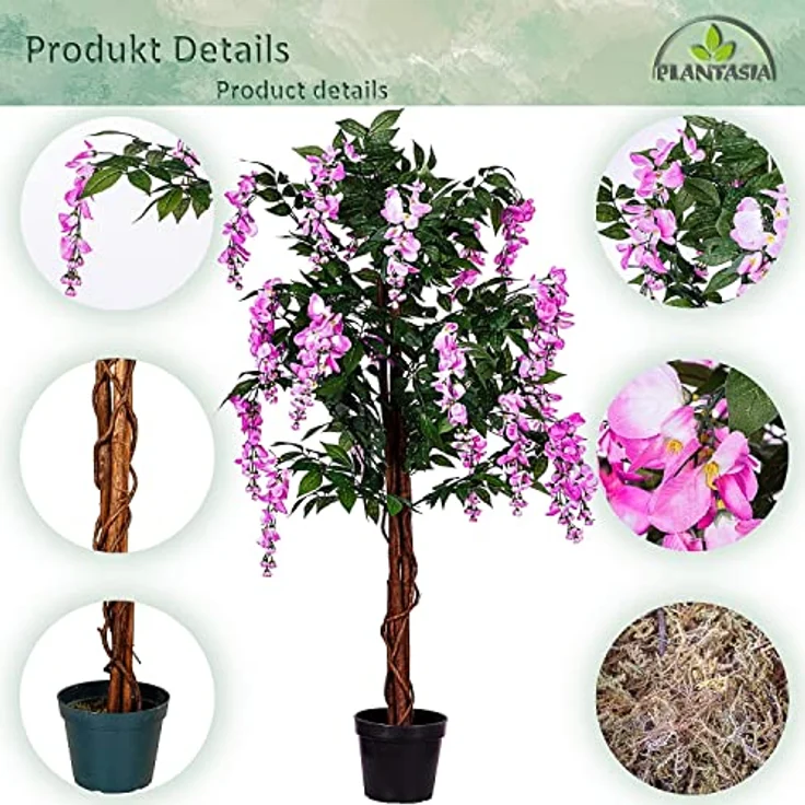 PLANTASIA Kunstpflanze Wisteria Baum Pink 120 cm, künstlicher Wisteria mit 756 Blättern und 24 Blütenranken – Bild 5