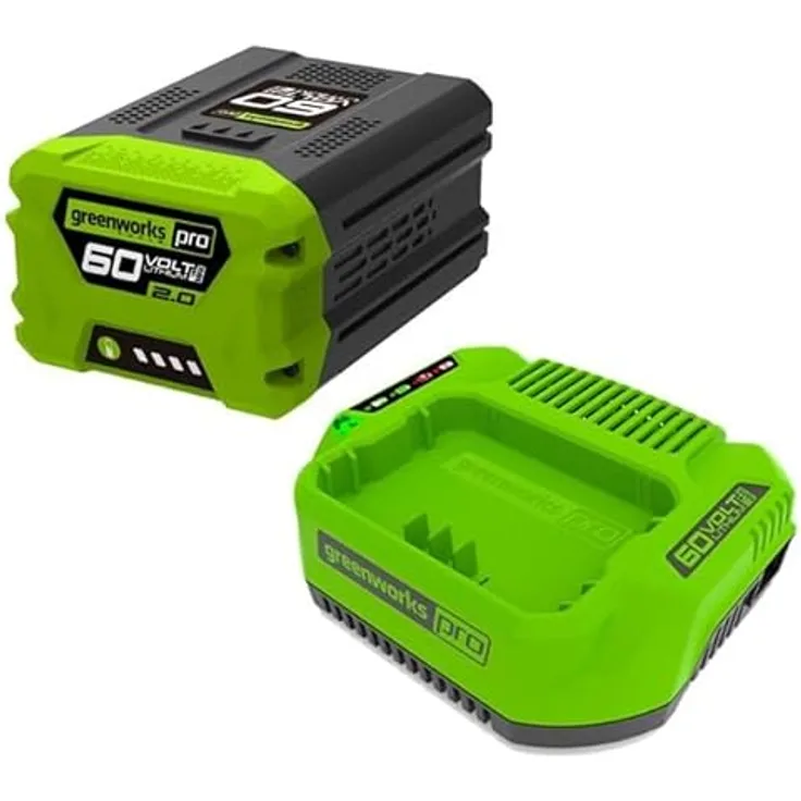 Greenworks 60V 2Ah Akku und Universal-Ladegerät GSK60B2, Li-Ion mit 120W Output, LED-Anzeige und komfortablem Akkueinschub