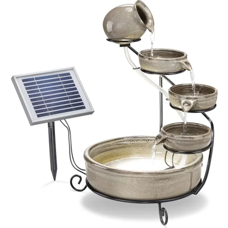 esotec Solar Kaskadenbrunnen Pisa, keramischer Gartenbrunnen mit Akku und LED, grau, H=55cm, 200l/h Förderleistung