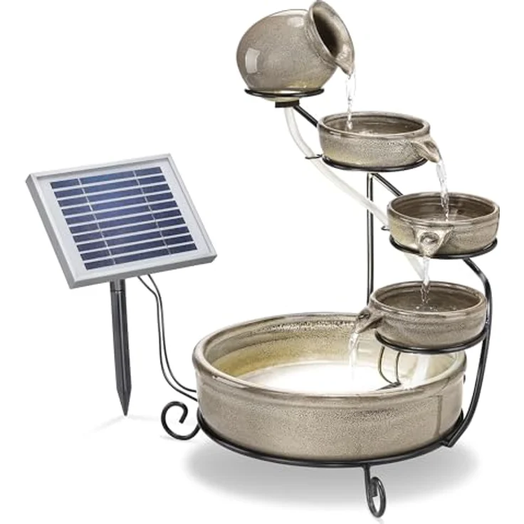 esotec Solar Kaskadenbrunnen Pisa, keramischer Gartenbrunnen mit Akku und LED, grau, H=55cm, 200l/h Förderleistung – Bild 1