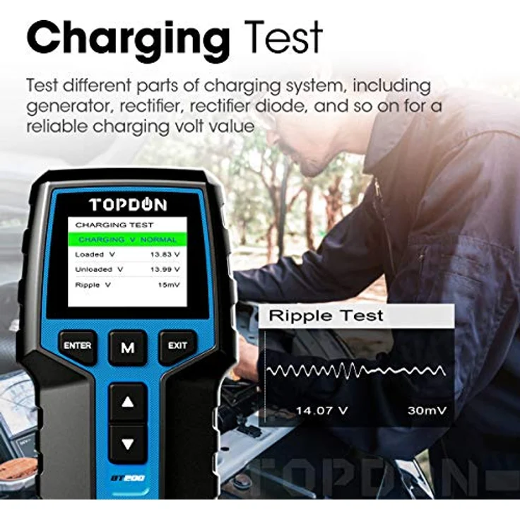 TOPDON Autobatterietester BT200 12V 24V Lasttester, 100-2000CCA Generatorprüfer für Kraftfahrzeuge - Digitaler Autobatterieanalysator, Farb-LCD-Bildschirm, für PKW-LKW ATV Auto Boot – Bild 5