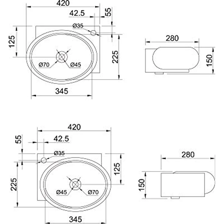Mai & Mai Aufsatzwaschbecken Br001L aus Keramik weiß mit NANO, BTH: 42x28x15cm, rechteckige Form, für Gäste-Badezimmer geeignet - Preisvergleich – Bild 2