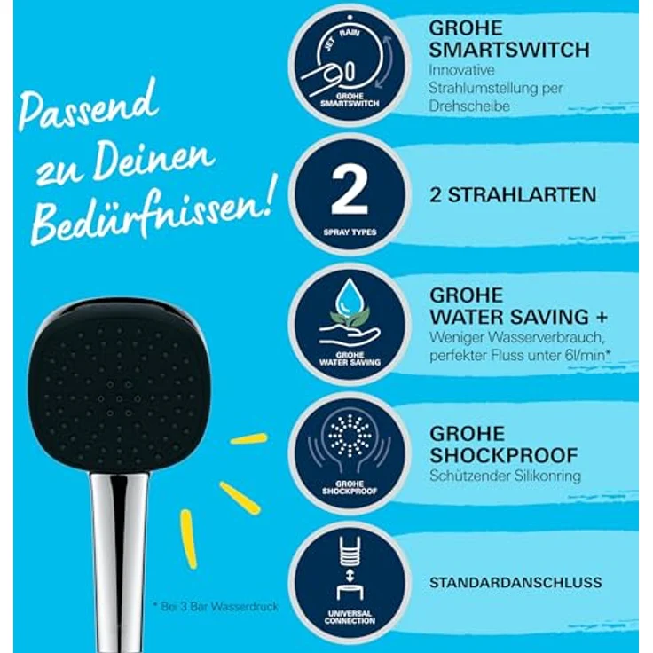 Grohe Handbrause 2 Strahlarten Vitalio Comfort 110 chrom, Rain und Jet Strahl, Wasser Saving Plus Technologie – Bild 3