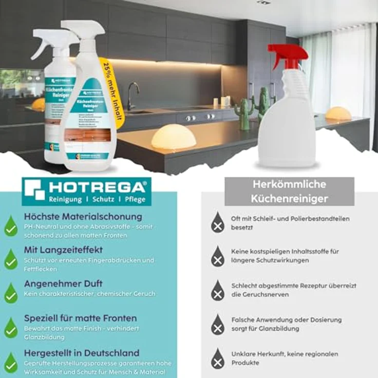 HOTREGA® Küchenfronten Reiniger, Intensivreiniger für matte Oberflächen, streifenfrei, 1500ml – Bild 5