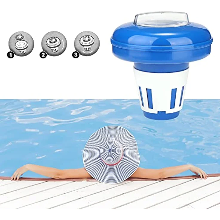 com-four® 2x Dosierschwimmer für den Pool, Chemikalienspender für Chlor- oder Bromtabletten, blau-weiß, regulierbare Dosierung, großes Fassungsvermögen – Bild 2