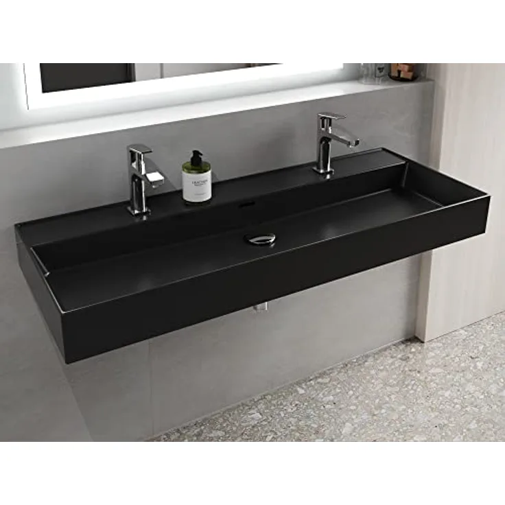 Aqua Bagno Schwarz mattes Doppelwaschbecken, Loft Air Design, Eckiger Keramik Waschtisch, 121 x 46 cm