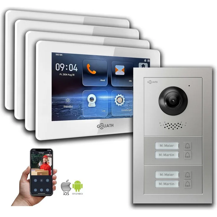 Goliath Intercom GL-HB400A, 2-Draht BUS Video-Türsprechanlage mit 4 Monitoren, HD-Kamera, Smartphone App, Silber