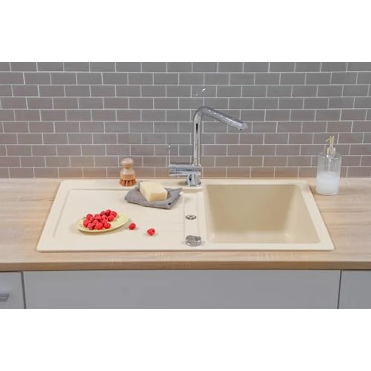 Respekta Austin Massivgranit Spüle 86 x 50, hitzebeständig, 1 Becken, abgeschrägte Abtropffläche, für Unterschränke ab 45 cm, Vanille – Bild 2