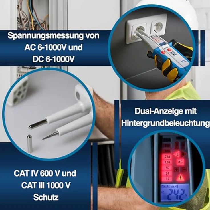Peaktech P 1096, Multimeter Zweipoliger AC/DC-Spannungsprüfer mit digitaler LCD-Anzeige, CAT IV 600V, CAT III 1000V, integrierte LED-Taschenlampe und Durchgangsprüfung – Bild 5