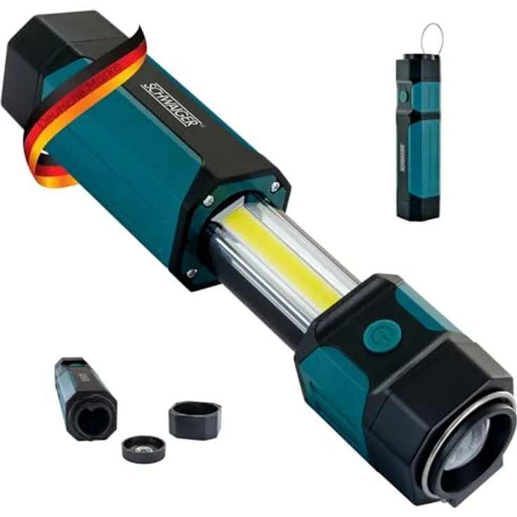 SCHWAIGER WLED3120, Arbeitslicht 2in1 mit ausziehbarem Licht und Taschenlampe, spritzwassergeschützt, starke COB-LED, mit Haken und Magnethalterung