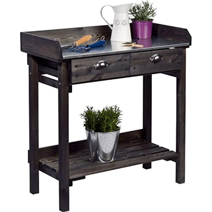 dobar 29031e Praktischer Pflanztisch mit 2 Schubladen und Ablagefläche, 79 x 39 x 90 cm, Fichte, Schwarz – Bild 2