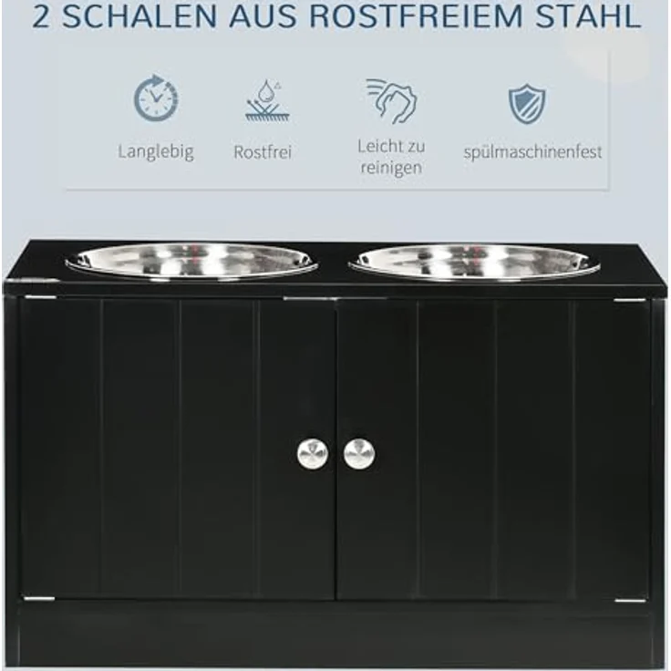 PawHut Hundenäpfe, Erhöhte Futterstation mit 2 Edelstahlschüsseln, 44L Stauraum, Magnettüren, für große Hunde, Schwarz – Bild 3