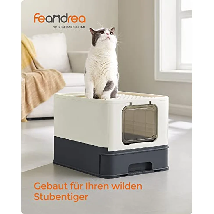 Feandrea Katzenklo, Katzentoilette, mit Deckel, ausziehbares Tablett, Schaufel, Bürste, geräumig für Katzen bis 15 kg, weniger Spuren, auslaufsicherer Boden, beige-schwarz PPT001W01 – Bild 2