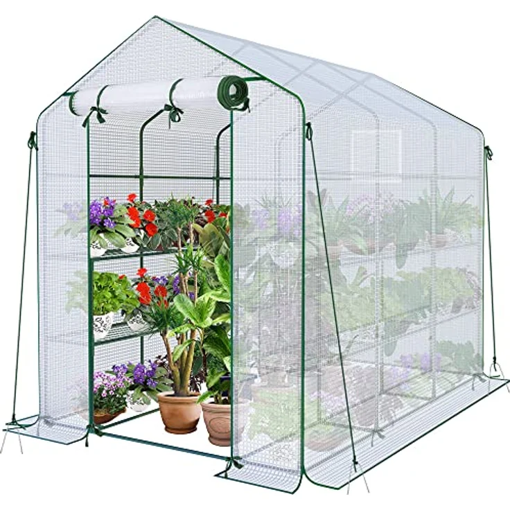 VOUNOT Gewächshaus Foliengewächshaus, begehbares Gartenhäuschen mit 12 Regalebenen, Tomatenhaus Tomatengewächshaus, Weiß 143x215x195cm – Bild 1