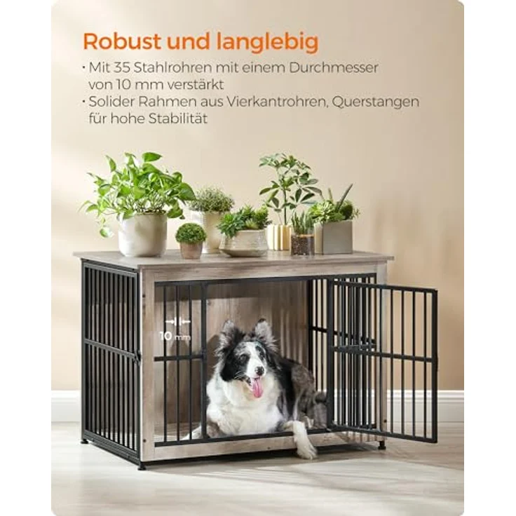 Feandrea Hundekäfig Möbel, Beistelltisch, Hundebox, Moderne Hundehütte Indoor für Hunde bis zu 32 kg, hochbelastbar, geschlossener Boden, Hundehaus 2 Türen, Greige meliert – Bild 4