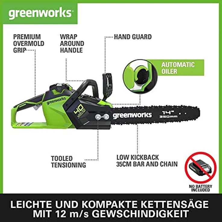 Greenworks Akku-Kettensäge 40 V 1,5 KW (ohne Akku und Ladegerät) -2005707, Grün – Bild 3