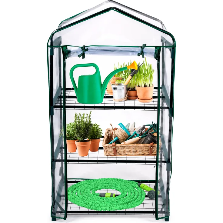 KINZO Gewächshaus Mini 69x49x125 cm, Foliengewächshaus mit 3 Etagen und Reißverschluss, transparent, grün
