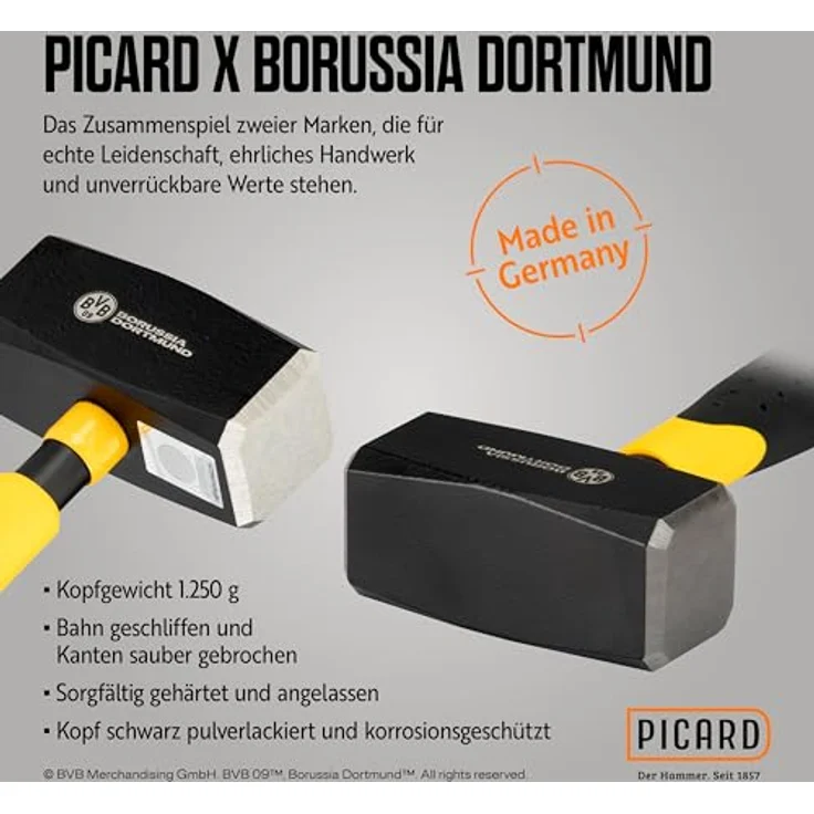 PICARD Hammer Fäustel RS 304, 1.250g, ergonomischer 2K Griff im BVB-Look, korrosionsgeschützter Kopf – Bild 3